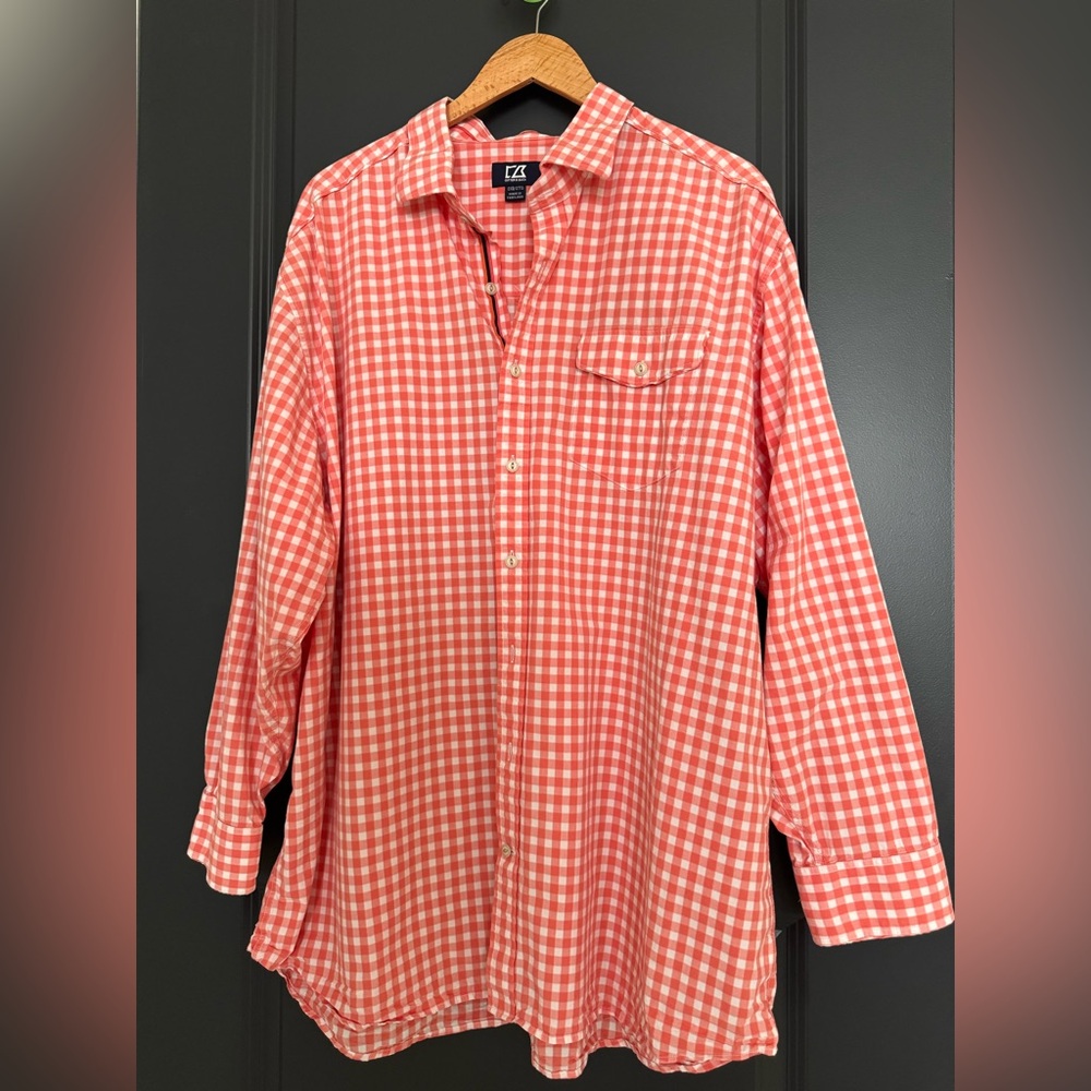 Cutter & Buck Shirt 2XB Big & Tall Coral Gingham Button Down Long Sleeve